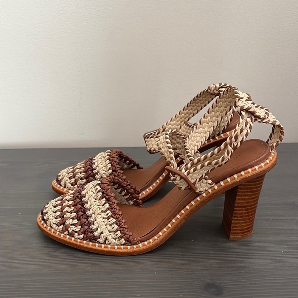 Ulla Johnson Deia High Block Heel Sandal Woven Ankle Strap Natural EU40